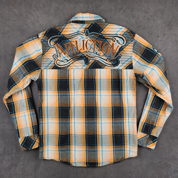 Affliction Black Premium Buckle Western Shirt Mens XL Slim Orange Black Plaid - Picture 4 of 11